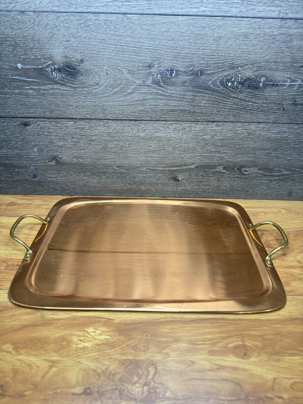 VTG Copper Serving Decor Tray Platter Brass Handles 19.5x12 Made in Portugal